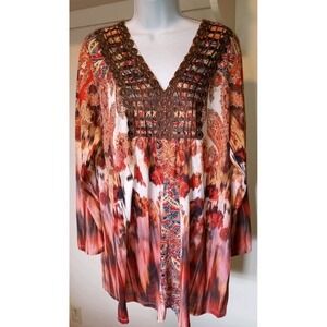 One World Women XL Paisley‎ Abstract Print Tunic Top Metallic Embroidered V-Neck